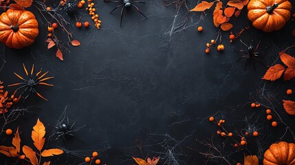 A spooky Halloween background with pumpkins, spiders, and autumn leaves on a dark background. Perfect for your spooky Halloween designs.
