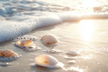A close-up of seashells scattered on wet sand, with gentle waves washing over them, sunlight reflecting off the water, capturing the small details and natural textures of a tranquil beach scene