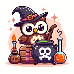 Cute Owl with Cauldron Poison Cartoon Vector Icon Illustration