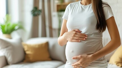 pregnant young woman touching her belly