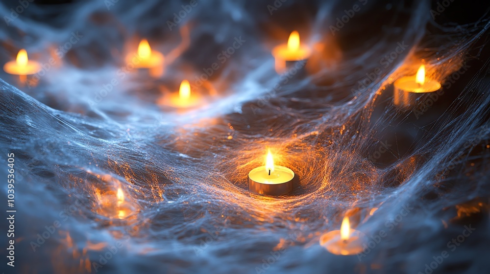 Poster a mystical scene of candles glowing through a spiderweb, creating a warm and inviting atmosphere.