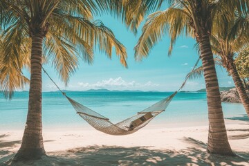 A hammock tied between two palm trees on a beach, gently swaying in the breeze, with a book resting on the hammock, the ocean in the background, evoking relaxation and a peaceful tropical escape