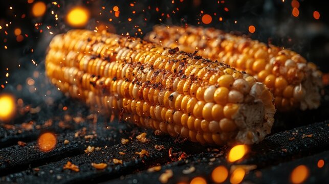 Deliciously Roasted Corn on the Cob Perfectly Positioned on a Black Textured Background for Culinary and Food Promotion Use