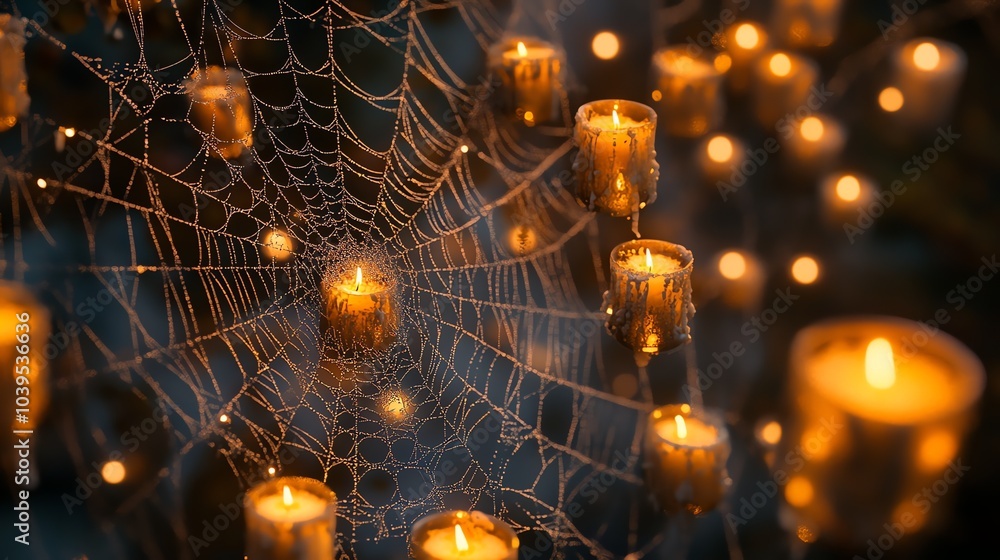 Aufkleber a mystical scene of candles glowing through a spiderweb, creating a warm and inviting atmosphere.