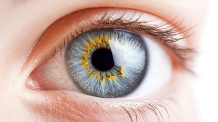 Fototapeta premium A detailed view of a blue eye with a yellow ring circling its iris center