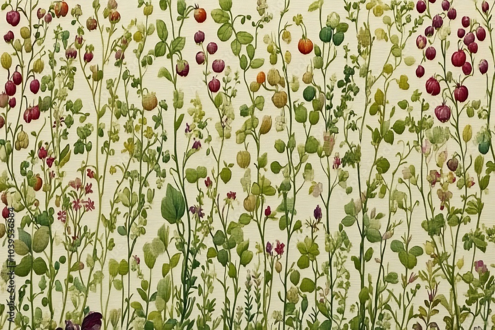 Poster delicate wildflower field with various blossoms and greenery creating a seamless botanical pattern f