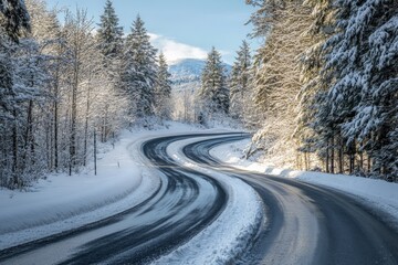 Obraz premium A winding snowy road curves through a dense forest, bathed in the gentle light of an early winter morning, showcasing the quiet beauty of serene landscapes.