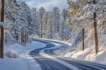 Obraz premium A gentle curve in a snowy road meanders through a pine forest, illuminated by bright winter light, revealing the tranquil elegance of a frosty landscape.