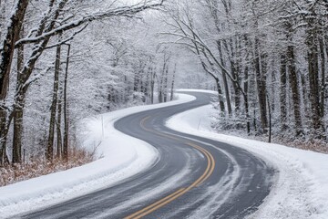Obraz premium A winding road through a snow-covered forest, surrounded by bare trees against a white winter backdrop, capturing the essence of a serene winter scene.