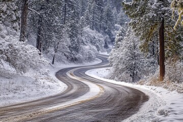 Obraz premium A serpentine road wends its way through a dense pine forest, cloaked in snow, painting a picture of winter's untouched majesty and serene solitude.