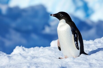Fototapeta premium An Adélie penguin marches through a vibrant blue-tinged Antarctic ice, capturing the essence of adaptation and the journey across cold, untouched wilderness.