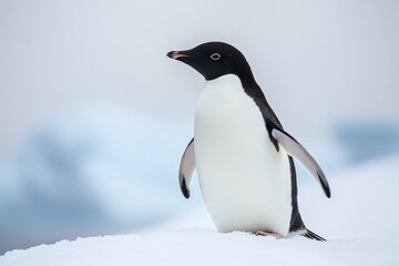 Obraz premium An Adélie penguin looks thoughtfully over the vast snowy wilderness, symbolizing curiosity and the profound solitude found in the expanse of nature's spectacle.