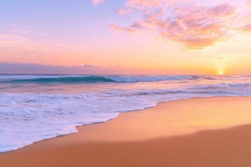 Obraz premium A serene sunrise on a deserted beach, with golden sands stretching into the horizon, gentle waves lapping the shore, and the first light of day painting the sky in hues of pink, orange, and purple