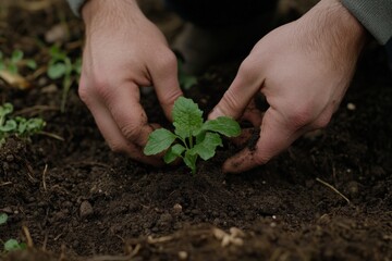 Hands are seen planting a green seedling in rich garden soil, representing themes of new beginnings, care, and connection with nature.