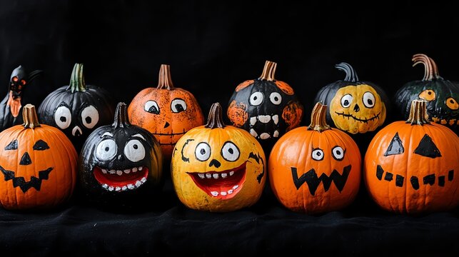 A collection of nine pumpkins, each with a unique and spooky face painted on them, are arranged on a black background.