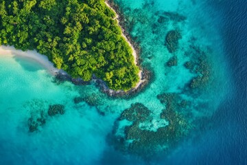 A stunning aerial view captures a lush, green tropical island bordered by turquoise ocean waves, enveloped in a serene and picturesque natural environment.