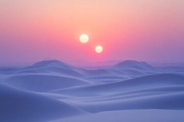 Obraz premium A futuristic desert scene showcases twin suns illuminating vast, rolling dunes under colorful skies, suggesting a surreal and otherworldly cosmic environment.