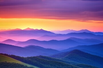 Obraz premium A stunning sunset casting vivid colors across the sky, as layers of distant mountain ranges create a breathtaking view, blending hues of pink, purple, and orange.