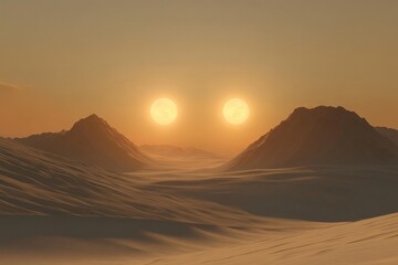 A mesmerizing view of an alien desert landscape with two glowing suns on the horizon, casting warm light over rugged mountains and sandy dunes, evoking otherworldly wonder.