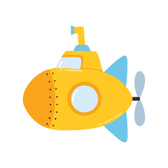 Submarine in flat style. Vector illustration. Hand drawn kids submarine.
