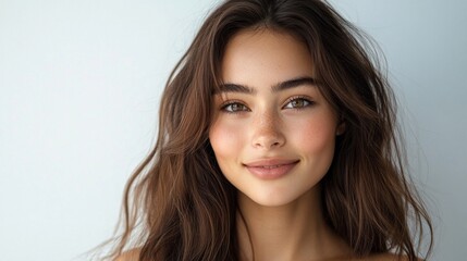 Obraz premium A woman with brown hair and a smile on her face. She has a light pink lip color