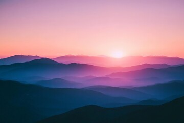 A majestic sunrise gently bathes the mountain range in warm pink hues, as morning mist rises, creating a peaceful and ethereal scene full of promise and tranquility.