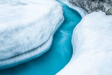 Fototapeta premium A vivid blue glacial stream weaves a serpentine path through crisp white snow, embodying nature's artistry and showcasing the unstoppable force of water.