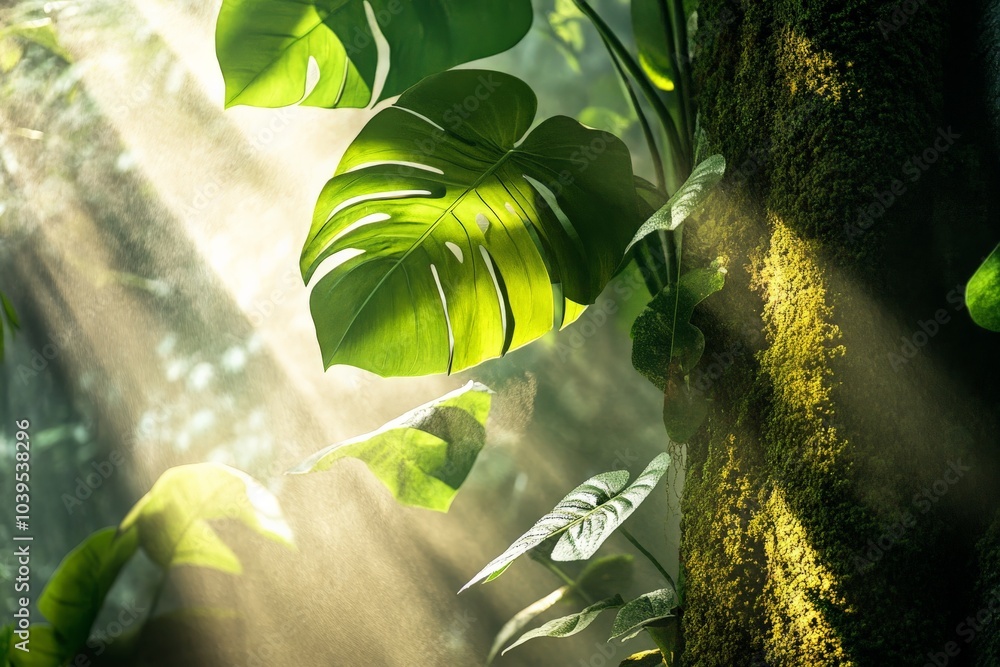 Poster Golden rays of sunlight filter through dense jungle leaves, emphasizing the vibrant green and intricate patterns of monstera foliage on a warm, peaceful morning.