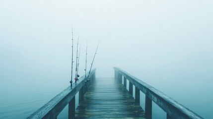 Fototapeta premium A serene pier for sea fishing under a misty morning fog, Fishing rods under a soft foggy veil, Foggy tranquility style