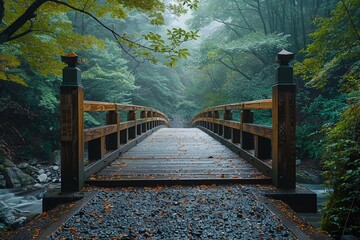 pathway and a wooden bridge in the middle of a forest
