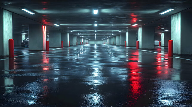 Wet Parking Garage Floor with Red and Blue Lights Illustration