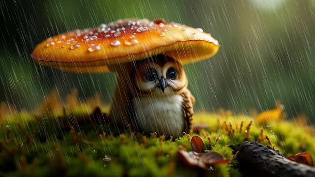A small owl hides under a mushroom from the rain