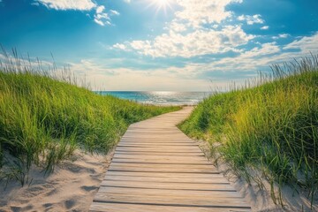A wooden boardwalk leading to the beach, surrounded by tall grass and dunes, with the ocean visible in the distance, the sun shining brightly, evoking a sense of adventure and discovery
