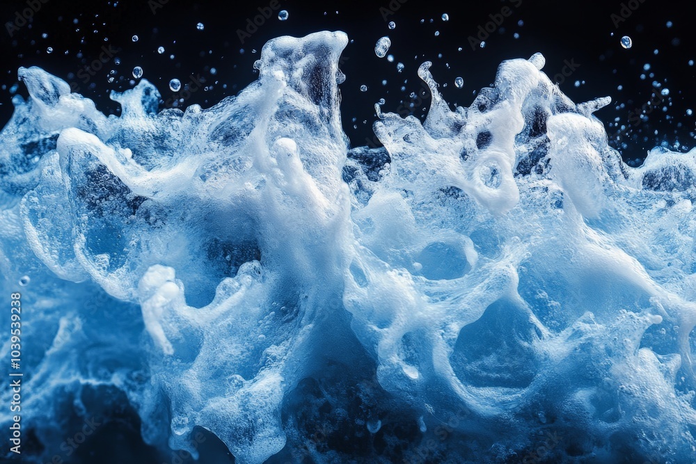Poster a dynamic capture of an ocean wave splashing energetically, showcasing the vibrant blue water and wh