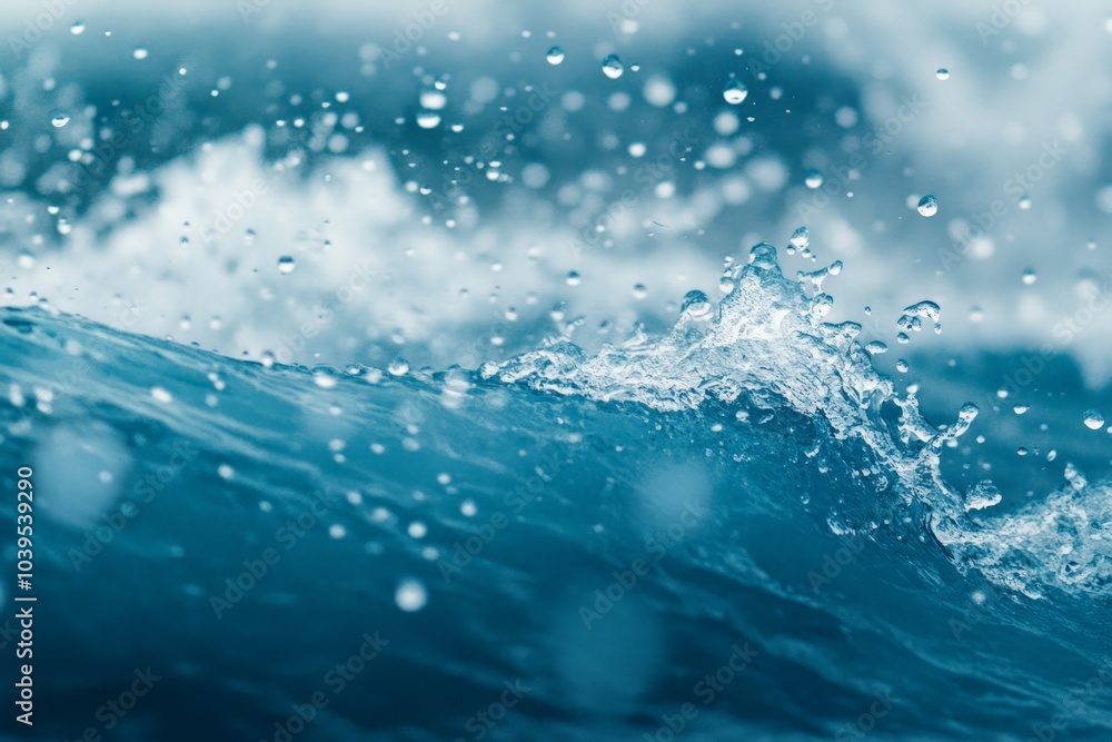 Poster a dynamic ocean wave shows its energy with visible spray and bubbles, creating a dramatic portrayal 