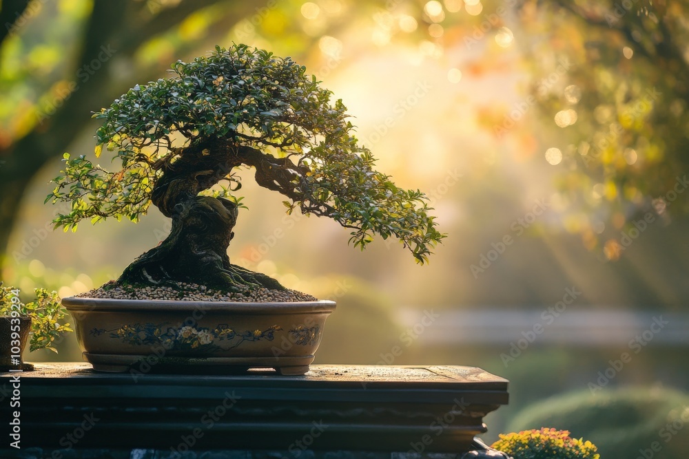 Poster sun-kissed bonsai tree with a thick trunk and lush leaves, enveloped in an ethereal light, while cap