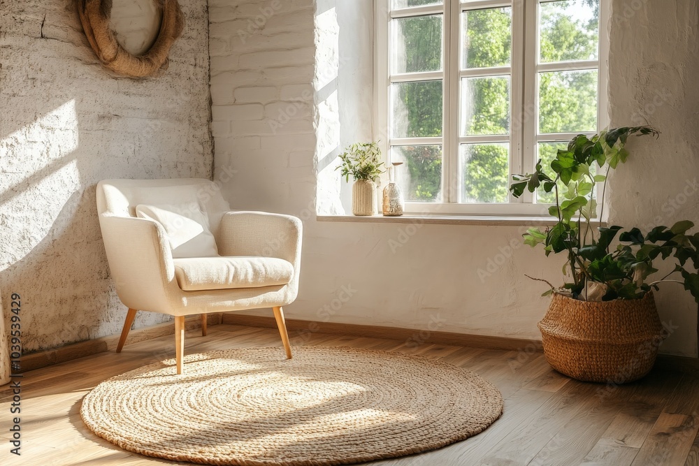 Poster This image captures an elegant armchair illuminated by the warm sun rays, positioned next to a rustic window with light flooding the room, creating a serene space.