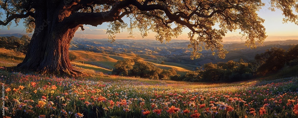 Poster scenic view of a vibrant meadow with a large tree and colorful flowers during sunset.