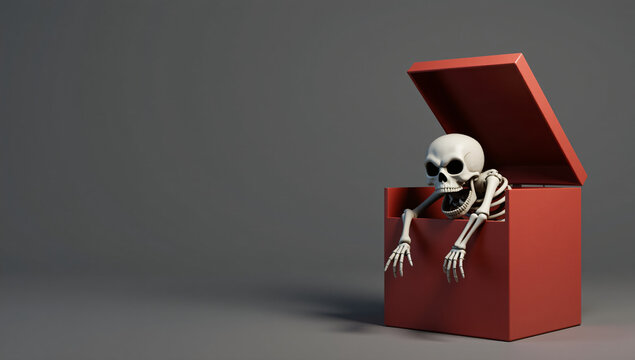 A skeleton emerges from a red box, creating a surprise element with a horror twist. The eerie setting is suitable for Halloween or creepy-themed events.