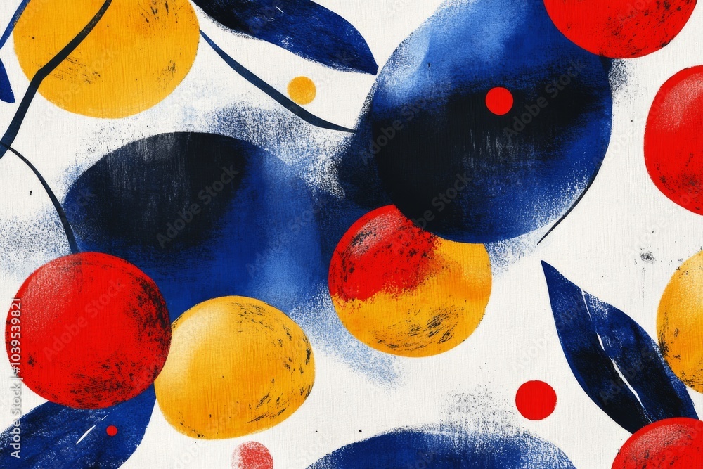 Poster bold abstract painting with overlapping circular forms in deep blue red and yellow hues perfect for 