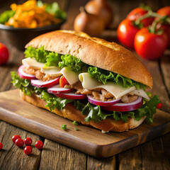 Sandwich with cured meats, lettuce, tomato, and green peppers – Sándwich con carnes curadas, lechuga, tomate y pimientos verdes
