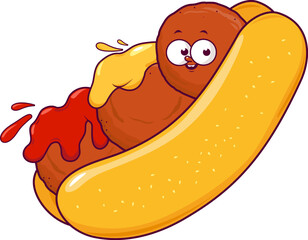 Cartoon meatballs sandwich with mustard and ketchup sauce. Fast food sub sandwich with tasty meatball character. Street food restaurant mascot. Vector illustration