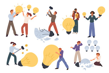 People with glowing and extinguished light bulbs. Idea search. Creativity and brainstorming. Successful teamwork. Startup success or failure lamp. Broken lightbulb. Garish vector set