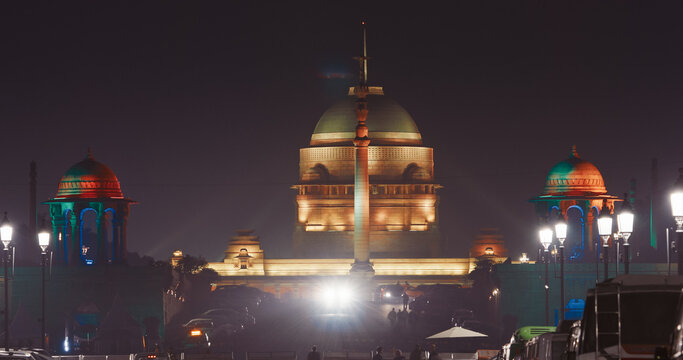 New Delhi, Delhi, India. Close up of Rashtrapati Bhavan, Viceroys House, official residence Presidential Palace in Kartavya Path, Rajpath Area. Rashtrapati Bhavan in evening night illumination lights