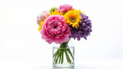 Fototapeta premium A single bouquet of assorted flowers showcases bright pink peonies, sunny yellow daisies, and deep purple blooms.