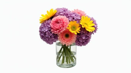 Obraz premium A single bouquet of assorted flowers showcases bright pink peonies, sunny yellow daisies, and deep purple blooms.