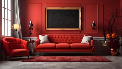 Modern minimalist wall art mockup of red luxury living room for Halloween, blank frame for wall art mockup of sofa living room, Halloween and Christmas spooky scary vibes of the room interior design