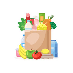 Fresh Food. Different food and beverage products - market basket, commodity bundle, grocery shopping. Vector illustration in flat style