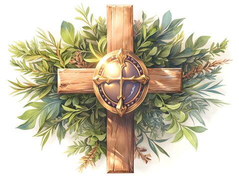 Cross surrounded by green plants on a white isolated background, religious Easter symbols. Design for a greeting card for the holiday Easter