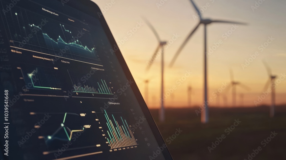 Poster a digital display shows data analytics with wind turbines in the background during sunset, highlight